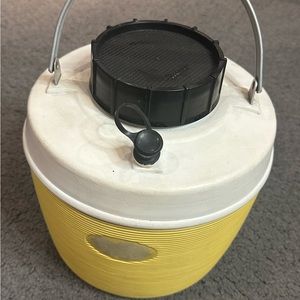 Vintage Poloron Products Picnic Water Jug Yellow White Plastic Vacucel Insulated